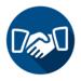 Icon: Handshake. White hands on dark blue background.