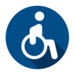Icon: Mensch im Rollstuhl auf blauem Hintergrund.