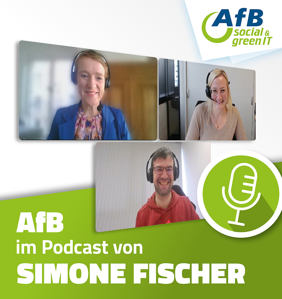 Grafik mit Fotos von drei Personen: Simone Fischer, Yvonne Cvilak und Alexander Dzhyoyev. Symbol eines Mikrofons. Text: "AfB im Podcast von Simone Fischer"