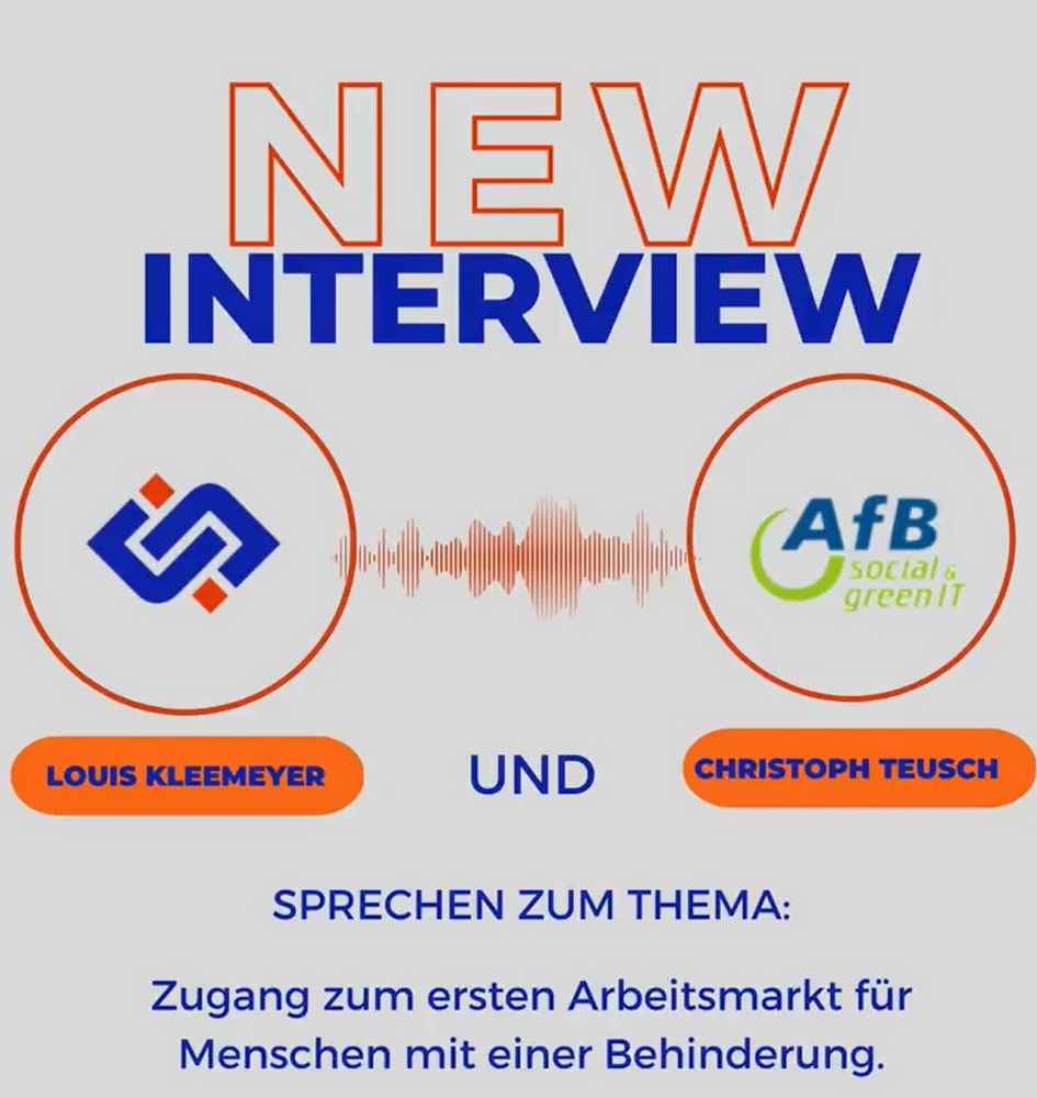 Eine Grafik mit den Logos von Unique United und AfB. Text: New Interview: Louis Kleemeyer und Christoph Teusch. Sprechen zum Thema: Zugang zum ersten Arbeitsmarkt für Menschen mit Behinderung.