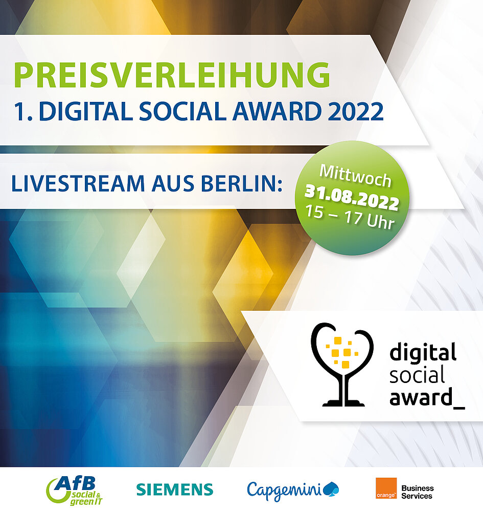 Banner Digital Social Award. Text auf Bild: Preisverleihung mit Livestream aus Berlin am 31. August von 15 - 17 Uhr