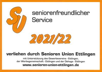 Logo Seniorenfreundlicher Service 2021/2022, verliehen durch Senioren Union Ettlingen
