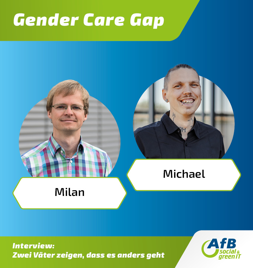 Milan und Michael auf einem blauen Banner mit dem Titel "Gender Care Gap" und der Beschreibung: "Interview: Zwei Väter zeigen, dass es anders geht".